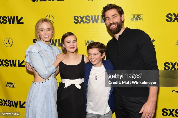 Emily Blunt, Millicent Simmonds, Noah Jupe, and John Krasinski attend the "A Quiet Place" Premiere 2018 SXSW Conference and Festivals at Paramount...