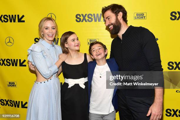 Emily Blunt, Millicent Simmonds, Noah Jupe, and John Krasinski attend the "A Quiet Place" Premiere 2018 SXSW Conference and Festivals at Paramount...