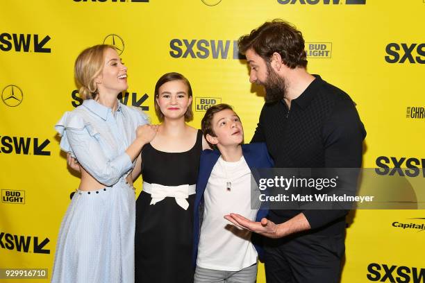 Emily Blunt, Millicent Simmonds, Noah Jupe, and John Krasinski attend the "A Quiet Place" Premiere 2018 SXSW Conference and Festivals at Paramount...