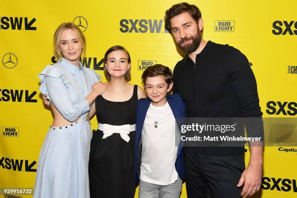 Emily Blunt, Millicent Simmonds, Noah Jupe, and John Krasinski attend the "A Quiet Place" Premiere 2018 SXSW Conference and Festivals at Paramount...