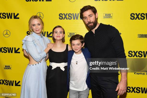 Emily Blunt, Millicent Simmonds, Noah Jupe, and John Krasinski attend the "A Quiet Place" Premiere 2018 SXSW Conference and Festivals at Paramount...