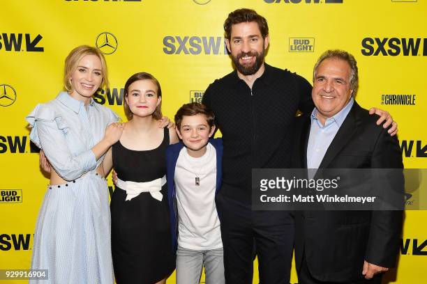 Emily Blunt, Millicent Simmonds, Noah Jupe, and John Krasinski and CEO/ Chairman of Paramount Pictures Jim Gianopulos attend the "A Quiet Place"...