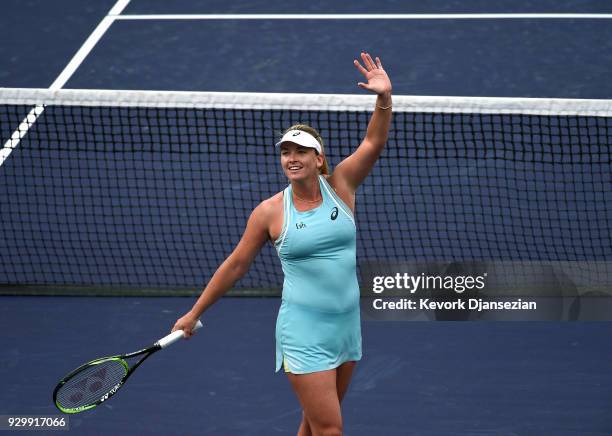 Coco Vandeweghe of United States celebrates after defeating Kaia Kanepi of Estonia during second round of Day 5 of the BNP Paribas Open on March 9,...