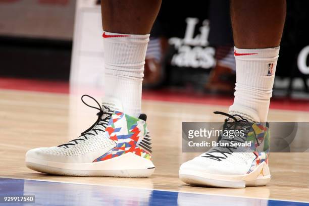 The sneakers worn by Jon Leuer of the Detroit Pistons are seen during the game against the Chicago Bulls on MARCH 9, 2018 at Little Caesars Arena in...
