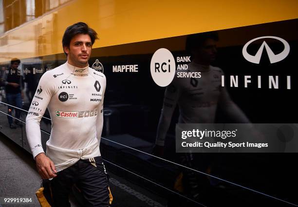 Carlos Sainz of Spain Renault Sport Formula One Team RS18 looks on during day four of F1 Winter Testing at Circuit de Catalunya on March 9, 2018 in...