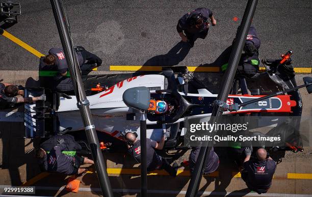 Romain Grosjean of France driving the Haas F1 Team VF-18 Ferrari during day four of F1 Winter Testing at Circuit de Catalunya on March 9, 2018 in...