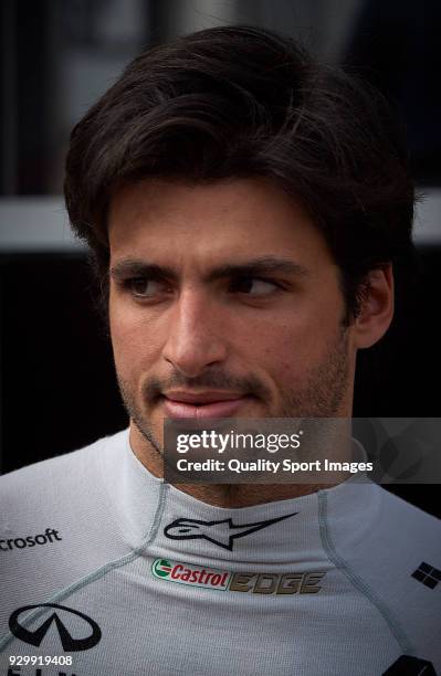 Carlos Sainz of Spain Renault Sport Formula One Team RS18 looks on during day four of F1 Winter Testing at Circuit de Catalunya on March 9, 2018 in...