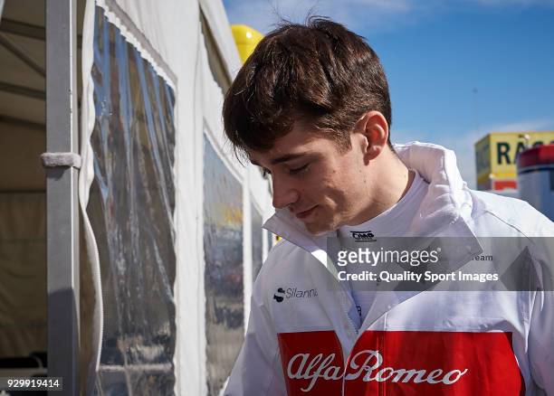 Charles Leclerc of Monaco Alfa Romeo Sauber F1 Team C37 Ferrari during day four of F1 Winter Testing at Circuit de Catalunya on March 9, 2018 in...