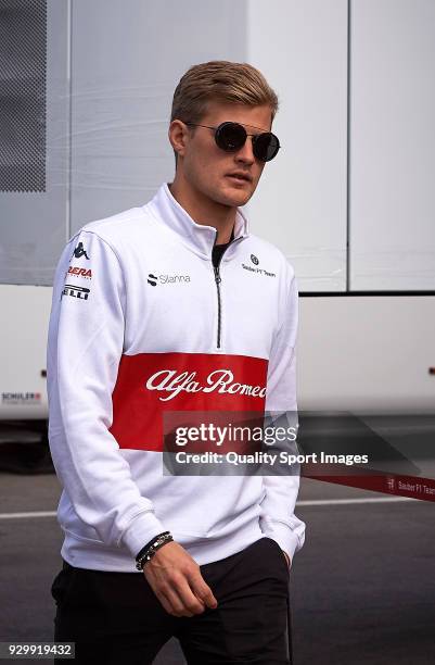 Marcus Ericsson of Sweden Alfa Romeo Sauber F1 Team C37 Ferrari looks on during day four of F1 Winter Testing at Circuit de Catalunya on March 9,...