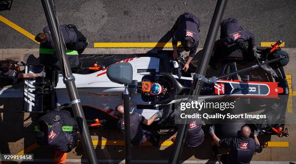 Romain Grosjean of France driving the Haas F1 Team VF-18 Ferrari during day four of F1 Winter Testing at Circuit de Catalunya on March 9, 2018 in...