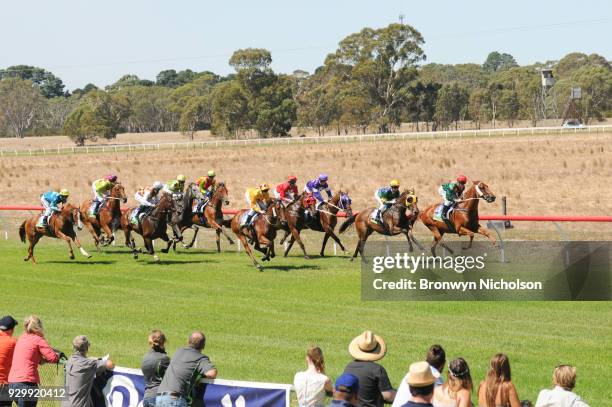 Miss Lillian ridden by Steven Vella first time round in the Australian Wool Network Maiden Plate at Edenhope Racecourse on March 10, 2018 in...