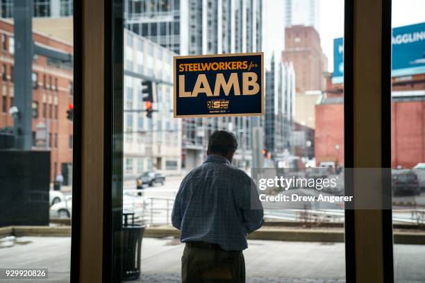 Sign in support of Conor Lamb, Democratic Congressional candidate for PennsylvaniaÕs 18th district, hangs in the lobby of the United Steelworkers...