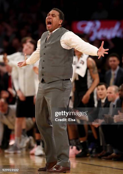 Head coach Ed Cooley of the Providence Friars reacts in the overtime period against the Xavier Musketeers during semifinals of the Big East...