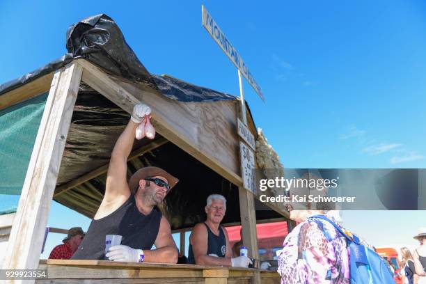 Sheep testicles are sold as mountain oysters during the Hokitika Wildfoods Festival on March 10, 2018 in Hokitika, New Zealand.