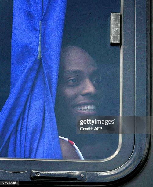 Costa Rican footballer Junior Diaz looks from the bus after a training session in the province of Alajuela, some 20 km west from San Jose, on...