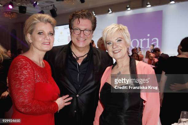 Andrea Spatzek, Francis Fulton-Smith and Birgit Lechtermann during the Gloria - Deutscher Kosmetikpreis at Hilton Hotel on March 9, 2018 in...