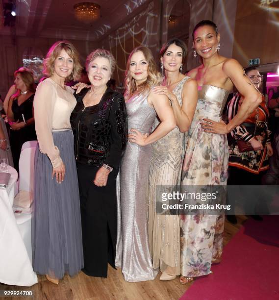 Valerie Niehaus, Marie-Luise Marjan, Regina Halmich, Gerit Kling and Annabelle Mandeng wearing Minx during the Gloria - Deutscher Kosmetikpreis at...
