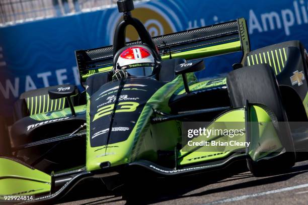 Charlie Kimball drives the Chevrolet IndyCar on the track during practice for the Firestone Grand Prix of Saint Petersburg IndyCar race on March 9,...