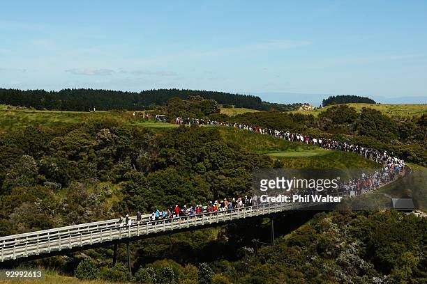 Public cross the bridge on the 6th hole during the second round of The Kiwi Challenge at Cape Kidnappers on November 12, 2009 in Napier, New Zealand.