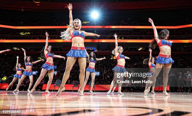 Detroit Pistons Dancers entertain the fans during the game against the Chicago Bulls at Little Caesars Arena on March 9, 2018 in Detroit, Michigan....