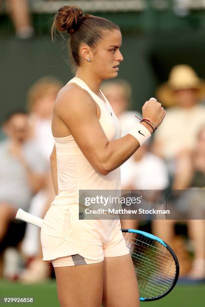 Maria Sakari of Greece celebrates match point against Ashleigh Barty of Australia during the BNP Paribas Open at the Indian Wells Tennis Garden on...