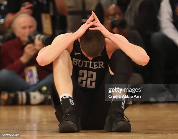 Sean McDermott of the Butler Bulldogs reacts in the first half against the Villanova Wildcats during semifinals of the Big East Basketball Tournament...
