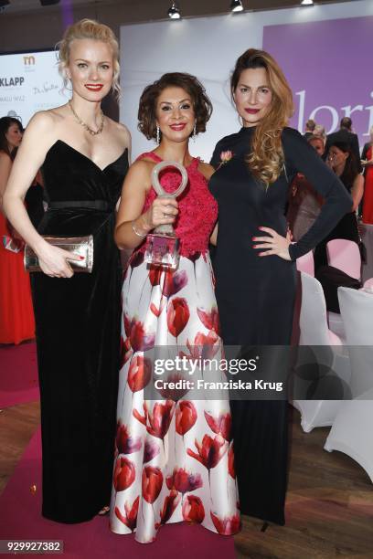 Franziska Knuppe, winner Maryam Bahfamie and Alexandra Kamp during the Gloria - Deutscher Kosmetikpreis at Hilton Hotel on March 9, 2018 in...