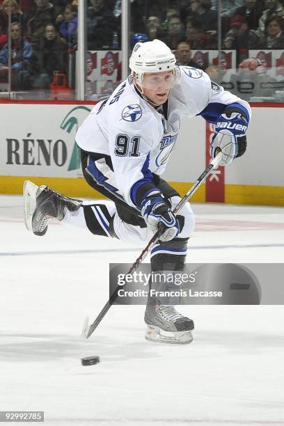 Steven Stamkos of Tampa Bay Lightning takes a shot during the NHL game against the Montreal Canadiens on November 07, 2009 at the Bell Center in...