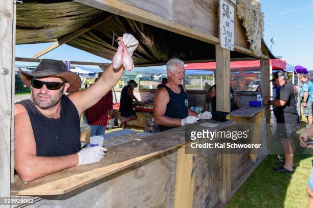 Sheep testicles are sold as mountain oysters during the Hokitika Wildfoods Festival on March 10, 2018 in Hokitika, New Zealand.