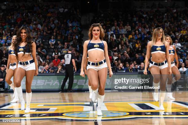 Denver Nuggets dancers perform during the game against the Los Angeles Lakers on March 9, 2018 at the Pepsi Center in Denver, Colorado. NOTE TO USER:...