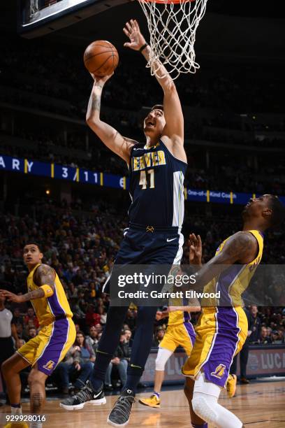 Juan Hernangomez of the Denver Nuggets shoots the ball against the Los Angeles Lakers on March 9, 2018 at the Pepsi Center in Denver, Colorado. NOTE...