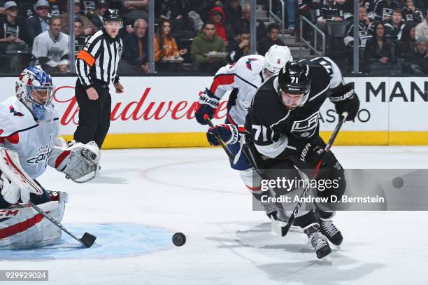 Torrey Mitchell of the Los Angeles Kings battles for the puck during a game against the Washington Capitals at STAPLES Center on March 8, 2018 in Los...