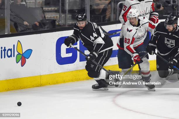 Nate Thompson of the Los Angeles Kings handles the puck during a game against the Washington Capitals at STAPLES Center on March 8, 2018 in Los...