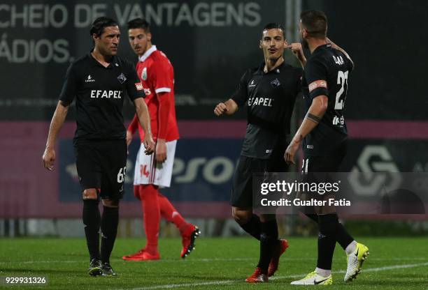 Coimbra midfielder Chiquinho from Portugal celebrates after scoring a goal during the Segunda Liga match between SL Benfica B and AA Coimbra at Caixa...