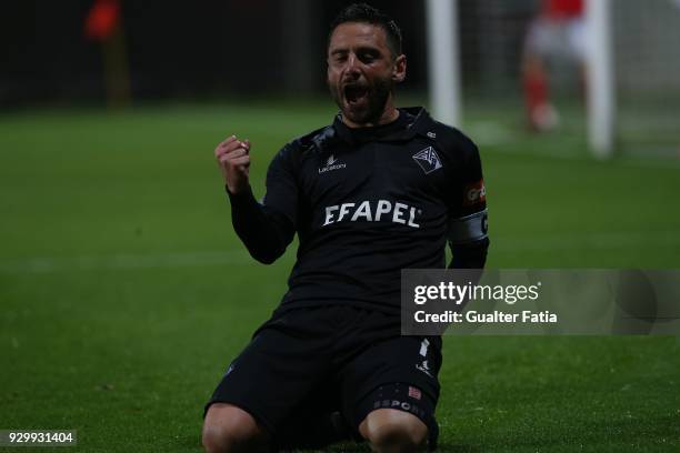 Coimbra forward Marinho from Portugal celebrates after scoring a goal during the Segunda Liga match between SL Benfica B and AA Coimbra at Caixa...