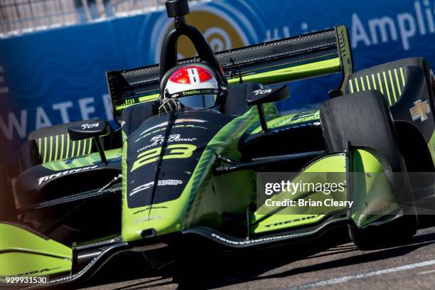 Charlie Kimball drives the Chevrolet IndyCar on the track during practice for the Firestone Grand Prix of Saint Petersburg IndyCar race on March 9,...