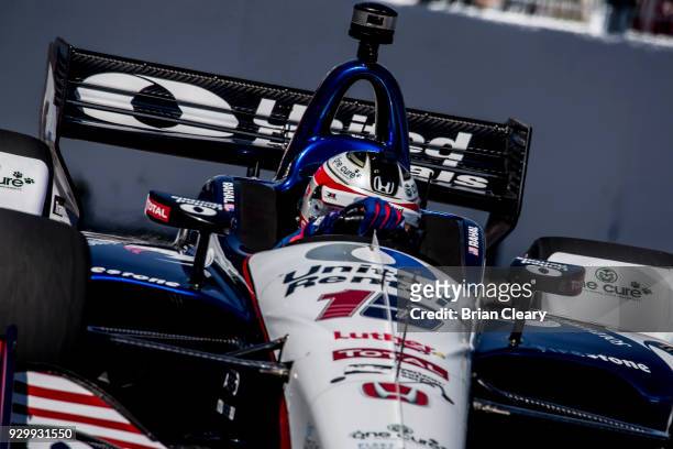 Graham Rahal drives the Chevrolet IndyCar on the track during practice for the Firestone Grand Prix of Saint Petersburg IndyCar race on March 9, 2018...