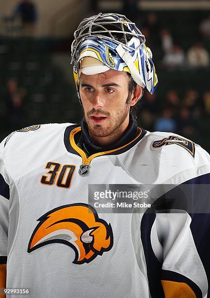 Ryan Miller of the Buffalo Sabres skates against the New York Islanders on October 31, 2009 at Nassau Coliseum in Uniondale, New York. Islanders...