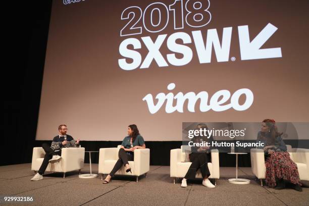 Austin Nauert, director Alison Klayman and executive producers Christina Schwarzenegger and Maria Shriver speak onstage at the premiere of "Take Your...