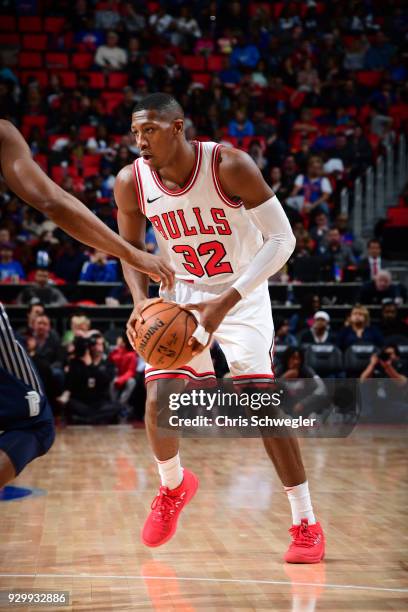Kris Dunn of the Chicago Bulls handles the ball against the Detroit Pistons on March 9, 2018 at Little Caesars Arena in Detroit, Michigan. NOTE TO...