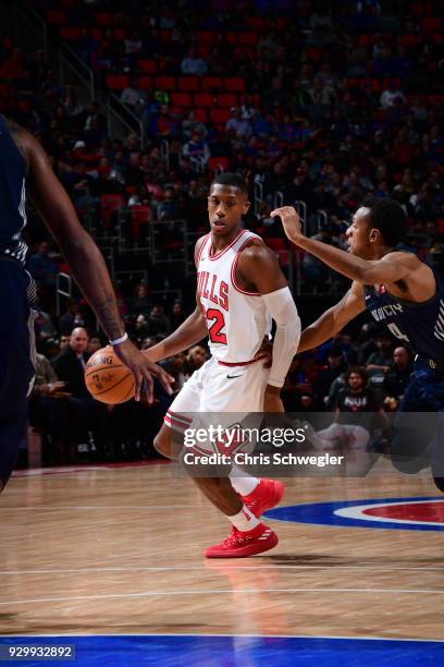 Kris Dunn of the Chicago Bulls handles the ball against the Detroit Pistons on March 9, 2018 at Little Caesars Arena in Detroit, Michigan. NOTE TO...