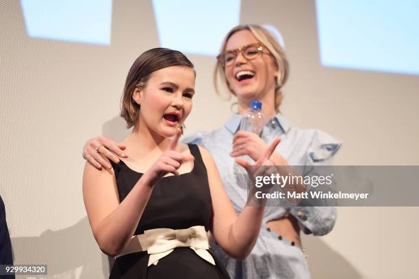 Millicent Simmonds and Emily Blunt attend the "A Quiet Place" Premiere 2018 SXSW Conference and Festivals at Paramount Theatre on March 9, 2018 in...