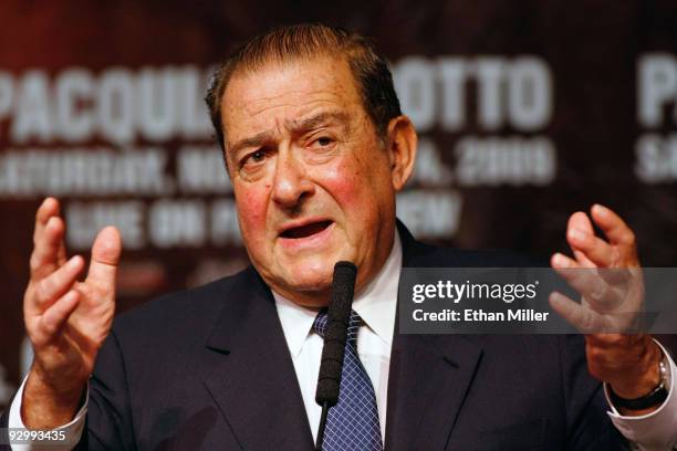 Boxing promoter Bob Arum speaks during the final news conference for the bout between boxer Manny Pacquiao and WBO welterweight champion Miguel Cotto...