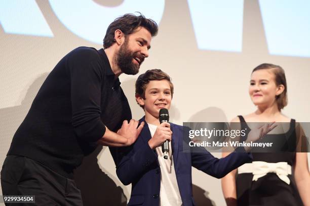 John Krasinski, Noah Jupe, and Millicent Simmonds attend the "A Quiet Place" Premiere 2018 SXSW Conference and Festivals at Paramount Theatre on...