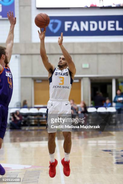Naz Mitrou-Long of the Salt Lake City Stars shoots the ball during the game against the Northern Arizona Suns at Bruins Arena on March 9, 2018 in...