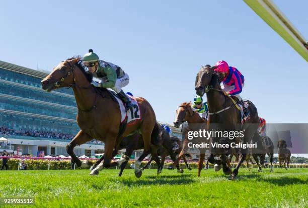 Mark Zahra riding Not A Single Cent wins Race 4, Sires Produce Stakes during Melbourne Racing at Flemington Racecourse on March 10, 2018 in...