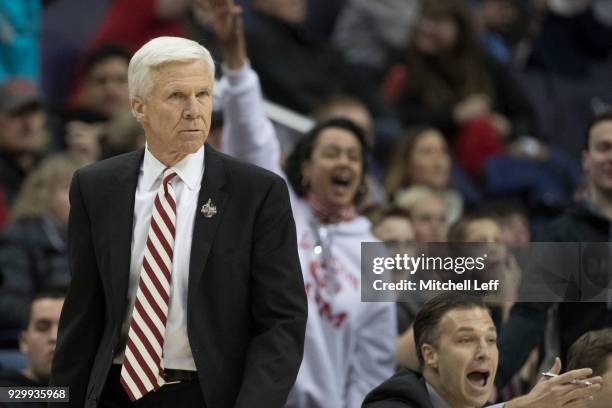 Head coach Bob McKillop of the Davidson Wildcats looks on against the Saint Louis Billikens in the Quarterfinals of the Atlantic 10 Basketball...