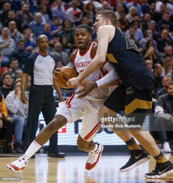 Houston Rockets guard Joe Johnson drives on Toronto Raptors center Jakob Poeltl . Toronto Raptors vs Houston Rockets in 2nd half action of NBA...