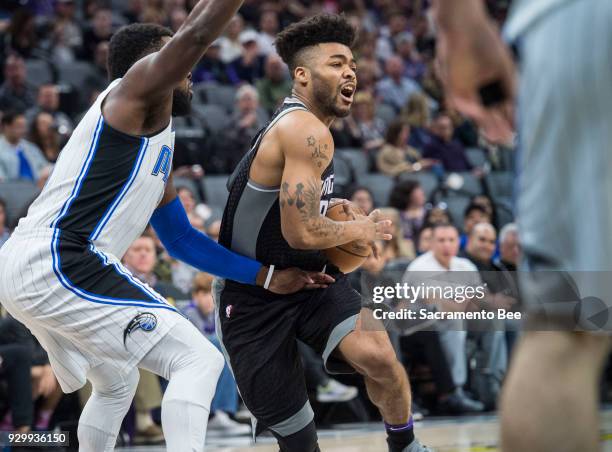 Sacramento Kings guard Frank Mason III looks to pass as he drives to the basket against the Orlando Magic on Friday, March 9, 2018 at the Golden 1...