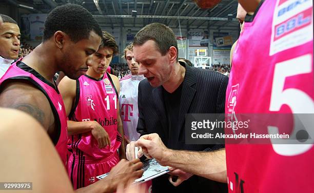 Head coach Michael Koch of Bonn gives instructions to his team prior to the Basketball Bundesliga match between Brose Baskets Bamberg and Telekom...